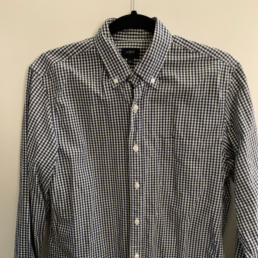 J.Crew Mens  Blue White Gingham Button Down Shirt Slim Fit Casual Dress shirt